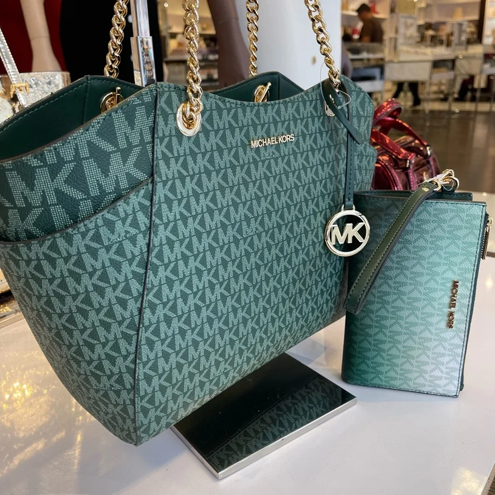 MICHAEL KORS JST Lg Chain Shoulder Tote & Double Zip Wristlet Wallet 
Moss 
NWT - Picture 7 of 16